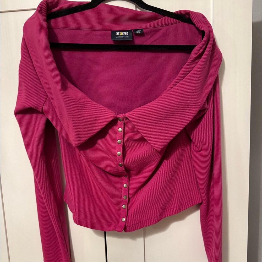 Wide neck button cotton long sleeve top